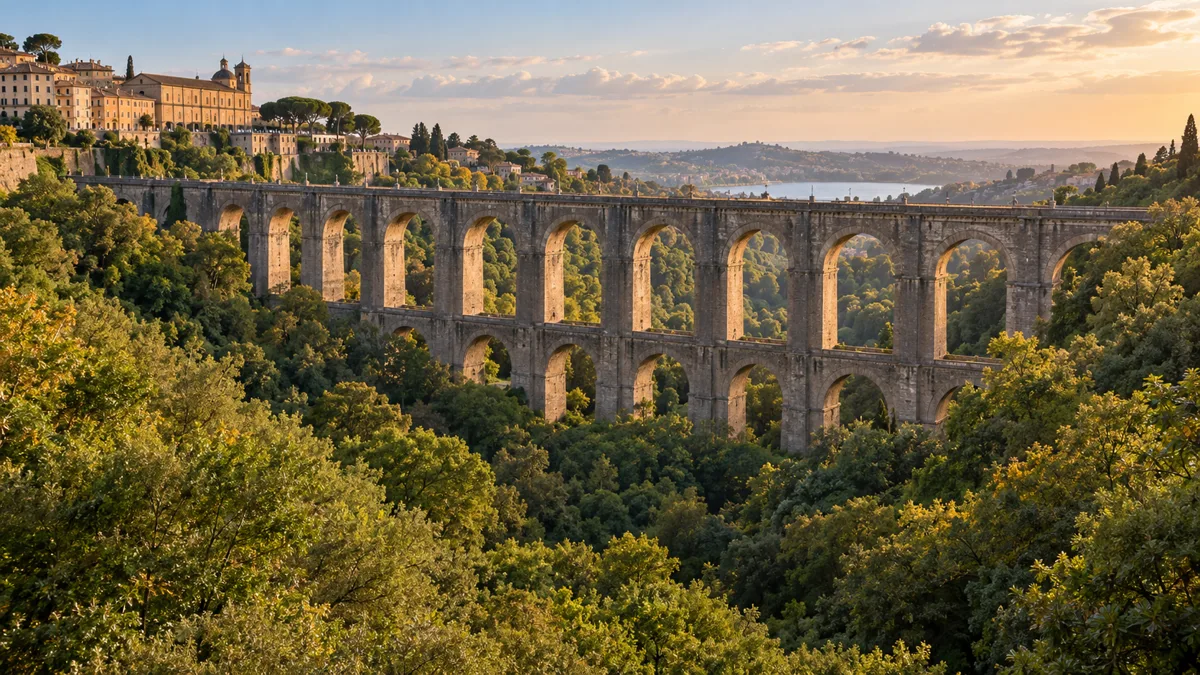 Il Ponte monumentale di Ariccia tra i boschi della valle, con il borgo sullo sfondo