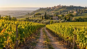 Vigneti sulle colline di Frascati con una strada sterrata tra i filari e un borgo sul crinale