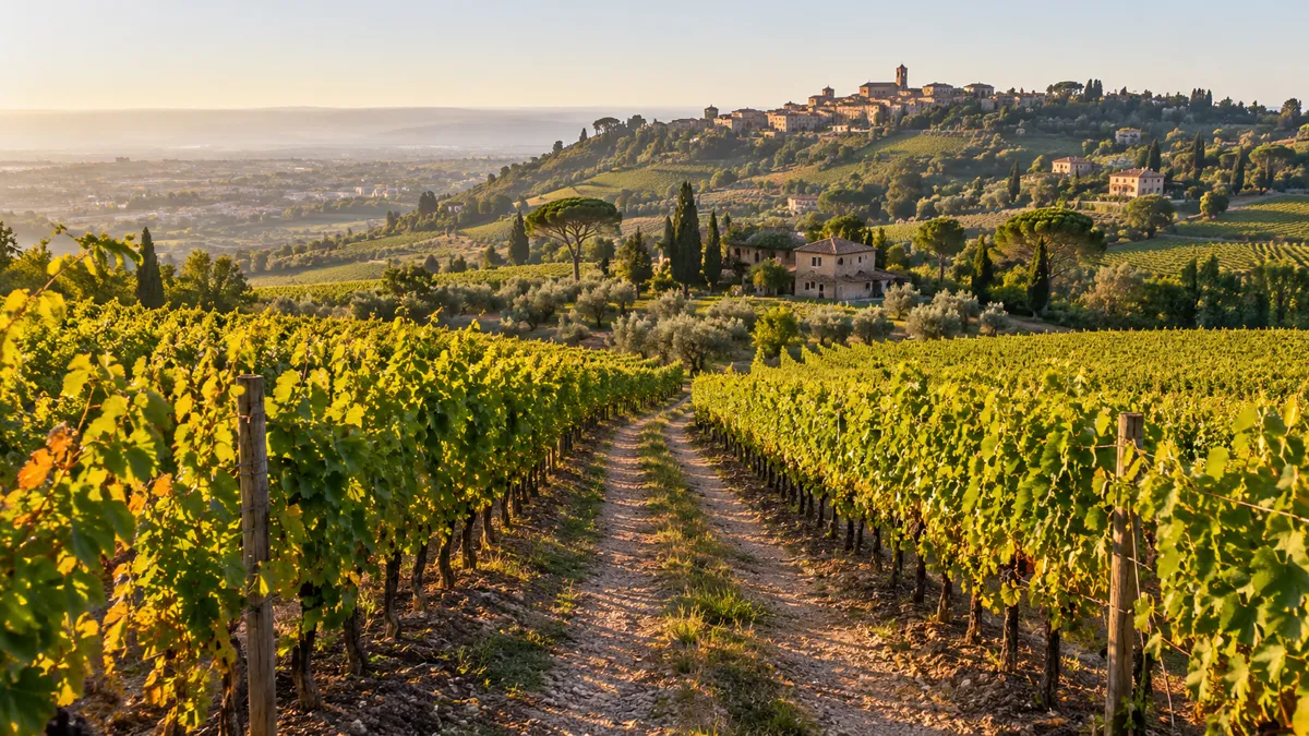 Vigneti sulle colline di Frascati con una strada sterrata tra i filari e un borgo sul crinale