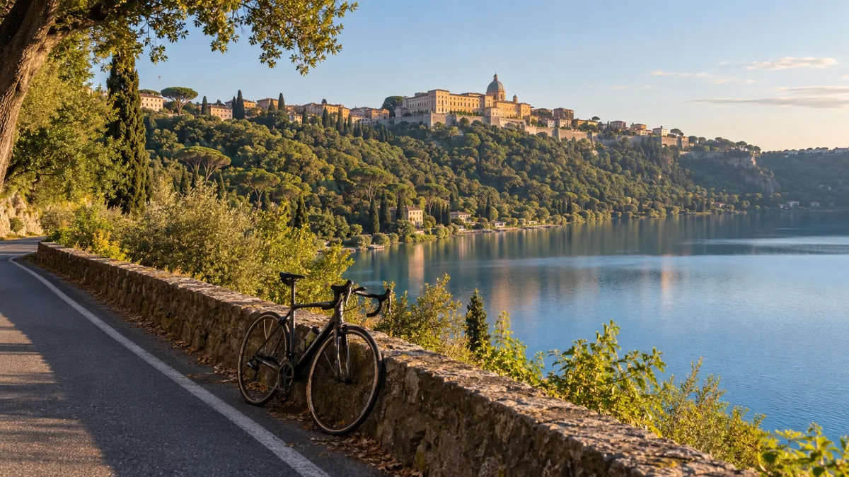 Strada del lungolago sul Lago Albano con una bici da corsa appoggiata al muretto e Castel Gandolfo sul colle