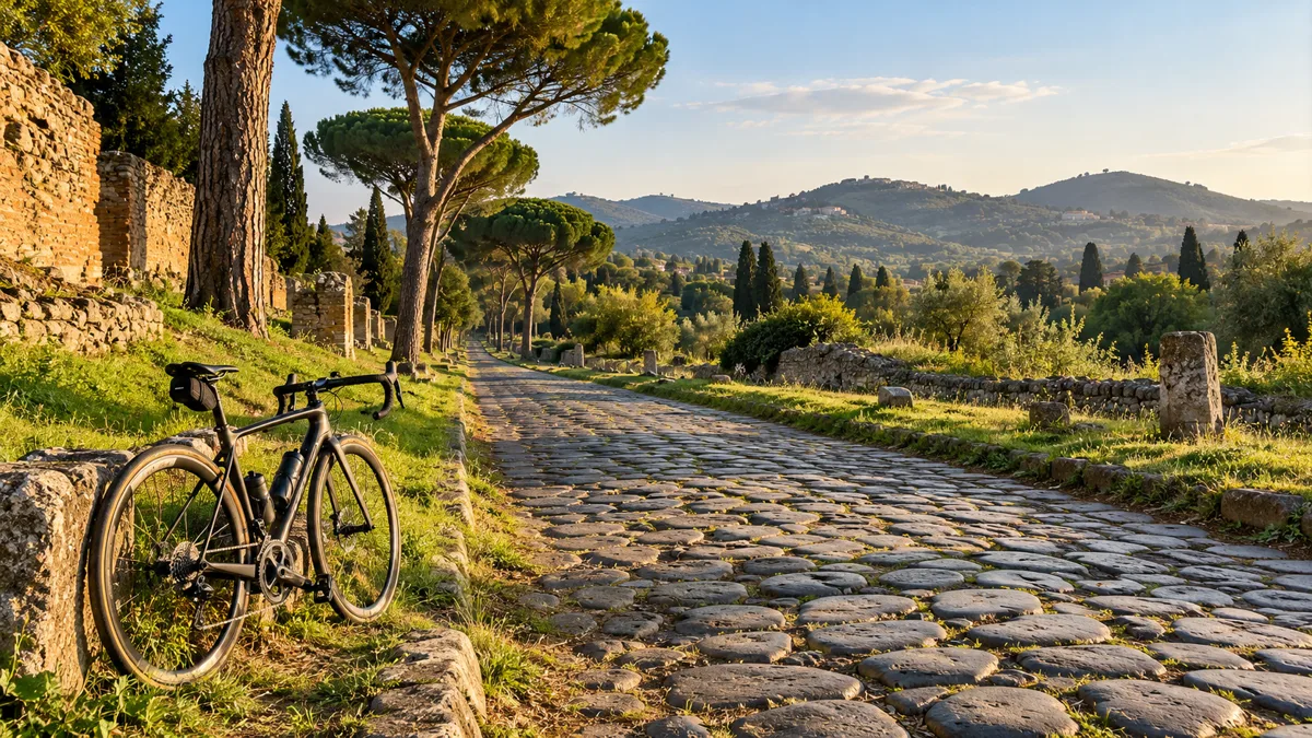 Via Appia Antica con basolato romano, pini e una bicicletta da corsa appoggiata al bordo, colli dei Castelli Romani sullo sfondo