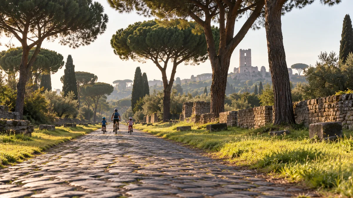Famiglia in bici lungo l'Appia Antica tra pini e muretti di pietra, vista da dietro