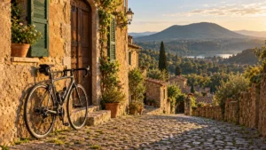 Bicicletta da corsa appoggiata a un muro di pietra in un borgo dei Castelli Romani, con il lago sullo sfondo