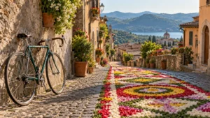 Strada acciottolata di un borgo dei Castelli Romani con tappeto di petali e bicicletta da corsa appoggiata al muro