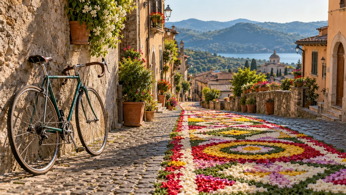 Strada acciottolata di un borgo dei Castelli Romani con tappeto di petali e bicicletta da corsa appoggiata al muro