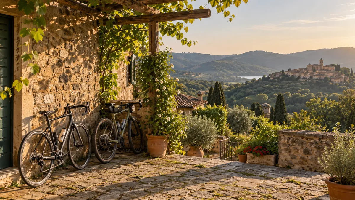 Due biciclette appoggiate al muro di pietra di un agriturismo con vista sui colli dei Castelli Romani