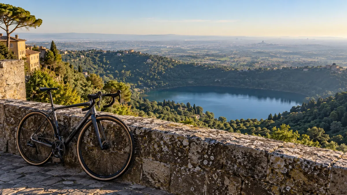 Belvedere sui Castelli Romani con bicicletta da corsa appoggiata al parapetto sopra un lago vulcanico