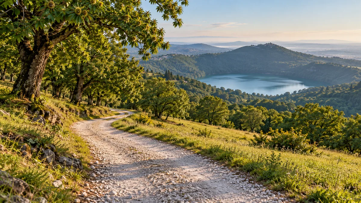 Strada sterrata tra i castagni sui colli dei Castelli Romani, con un lago vulcanico sullo sfondo