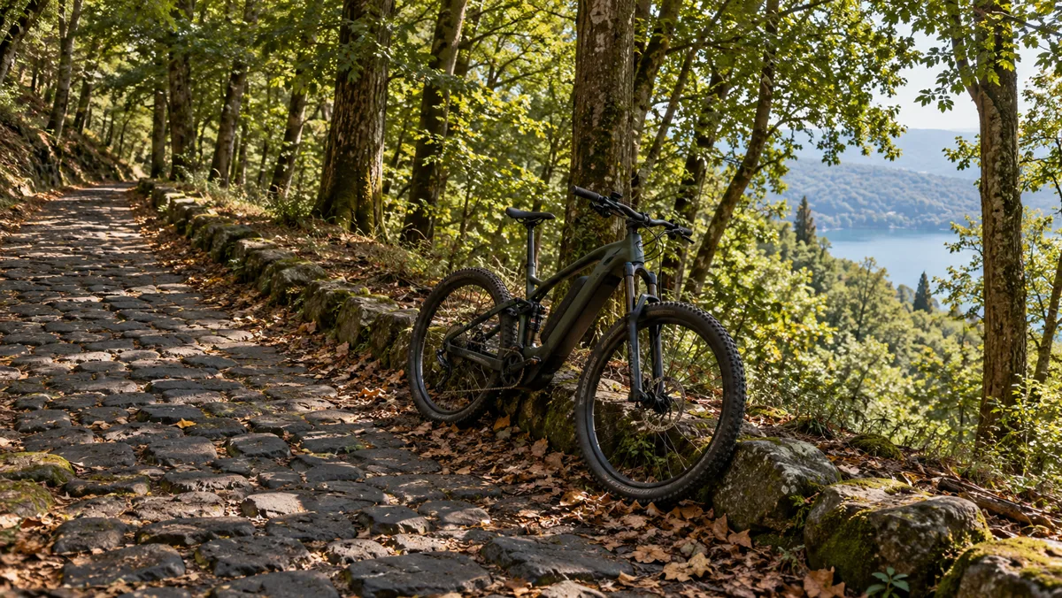 E-bike appoggiata al bordo della Via Sacra di basolato, nel bosco di Monte Cavo, con il Lago di Albano sullo sfondo
