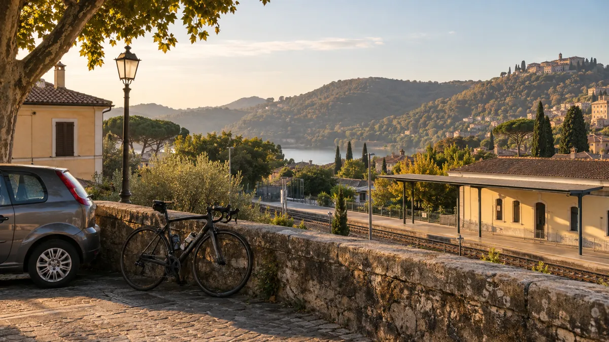 Bici da corsa appoggiata a un muro di pietra accanto a un auto, con stazione, colline e lago dei Castelli Romani