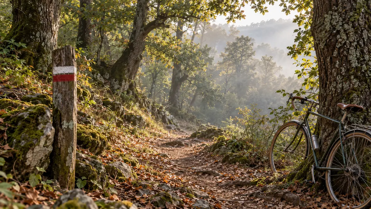 Sentiero nel bosco dei Castelli Romani con paletto bianco e rosso e una bicicletta appoggiata a una quercia