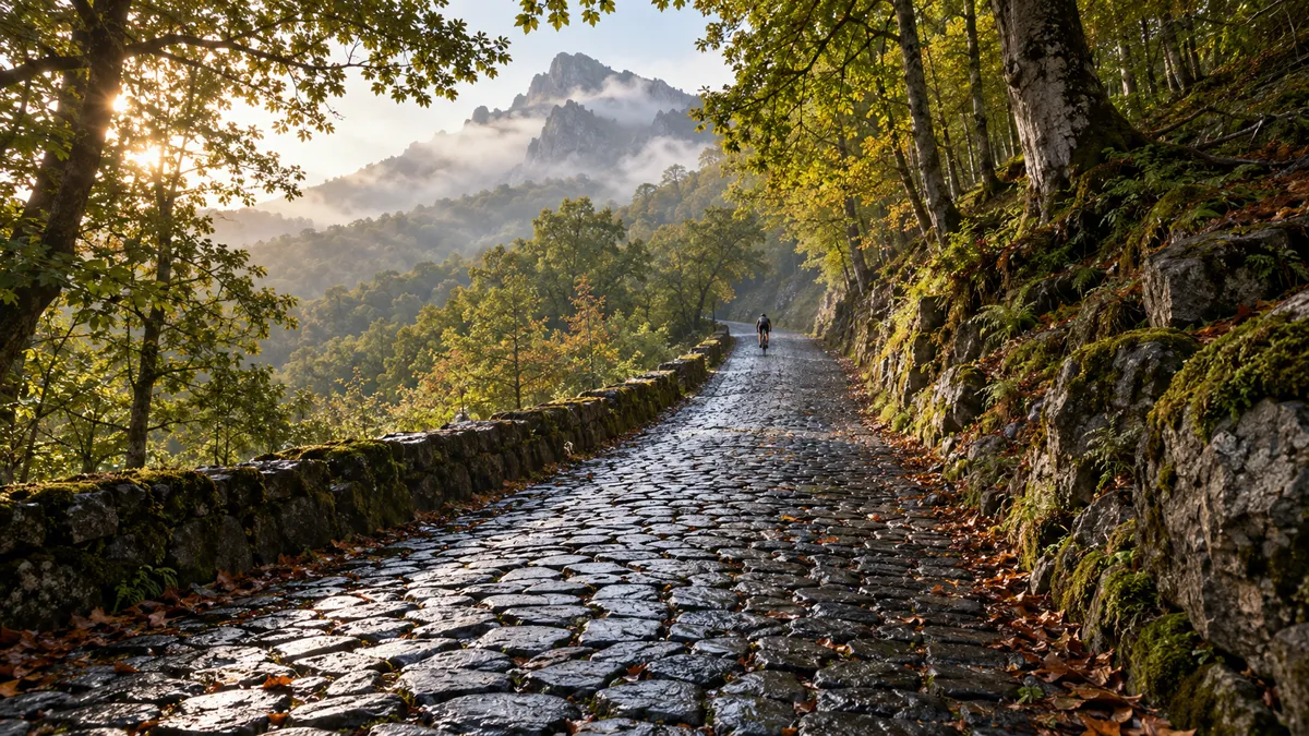 Strada in basolato della Via Sacra che sale nel bosco verso Monte Cavo, con un ciclista in lontananza