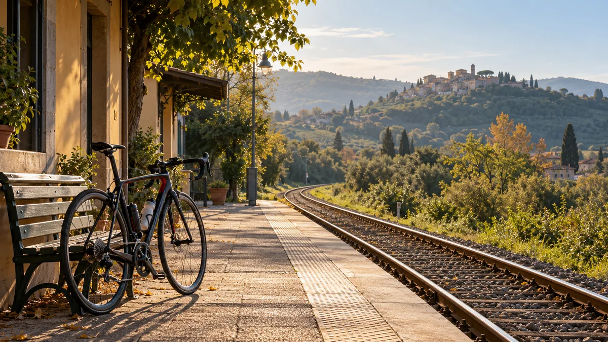 Bicicletta da corsa appoggiata a una panchina su un binario della FL4 con i colli dei Castelli Romani sullo sfondo