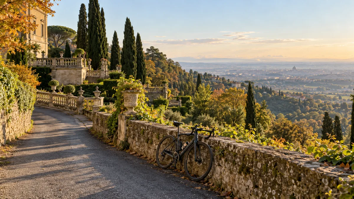Giardino terrazzato di una villa sopra Frascati con una bici da corsa appoggiata al muretto e i Castelli Romani sullo sfondo