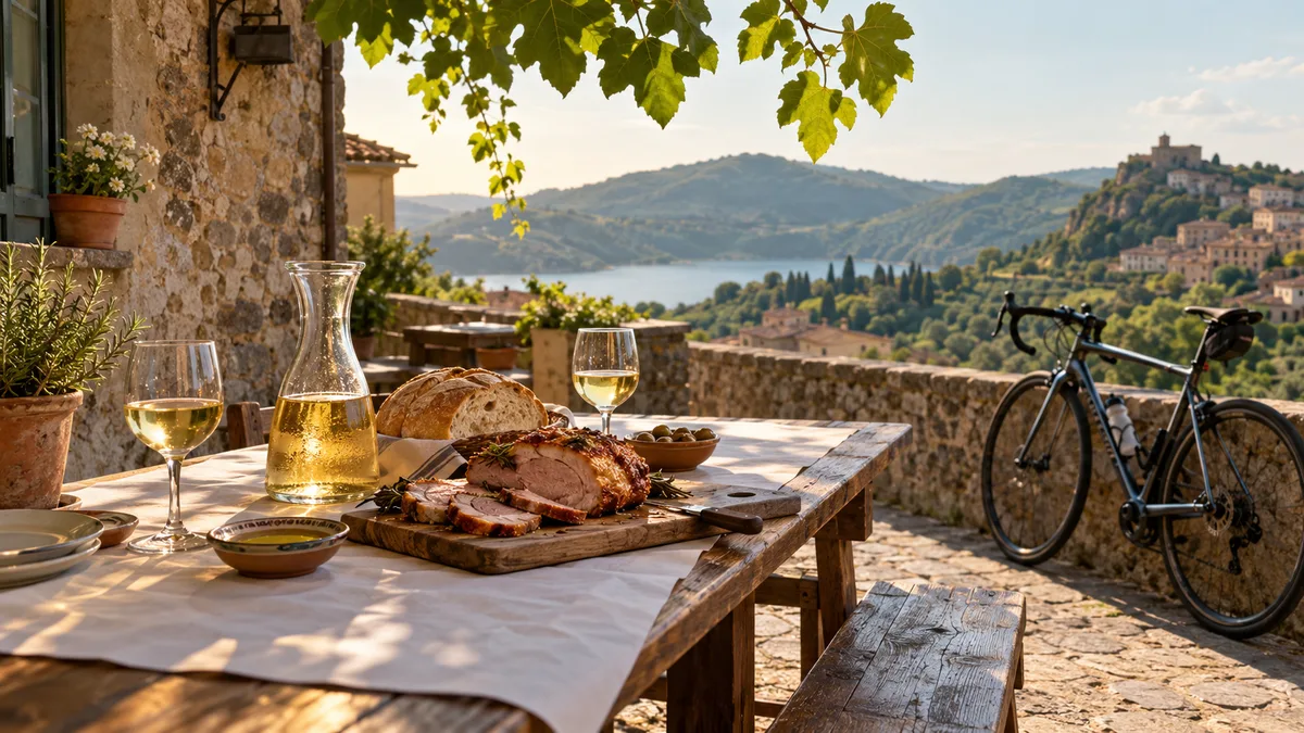 Tavolo di una fraschetta con porchetta e vino bianco, bici da corsa appoggiata al muro con vista sui colli dei Castelli Romani