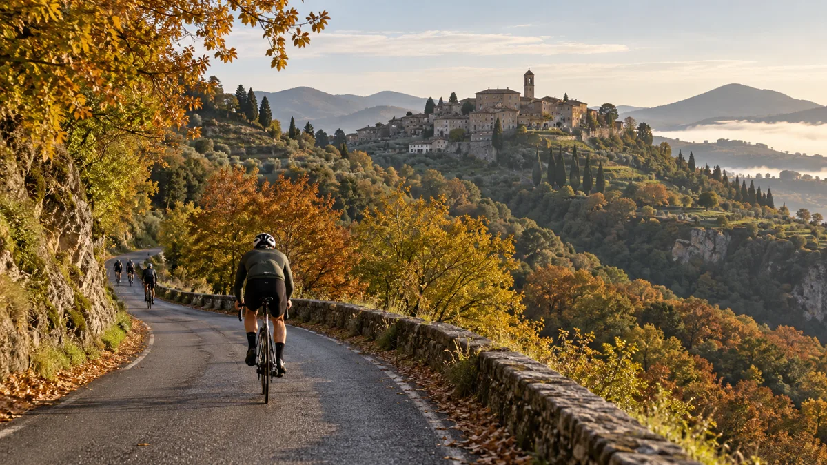 Ciclista su strada in salita tra i colli autunnali dei Castelli Romani con un borgo sullo sfondo