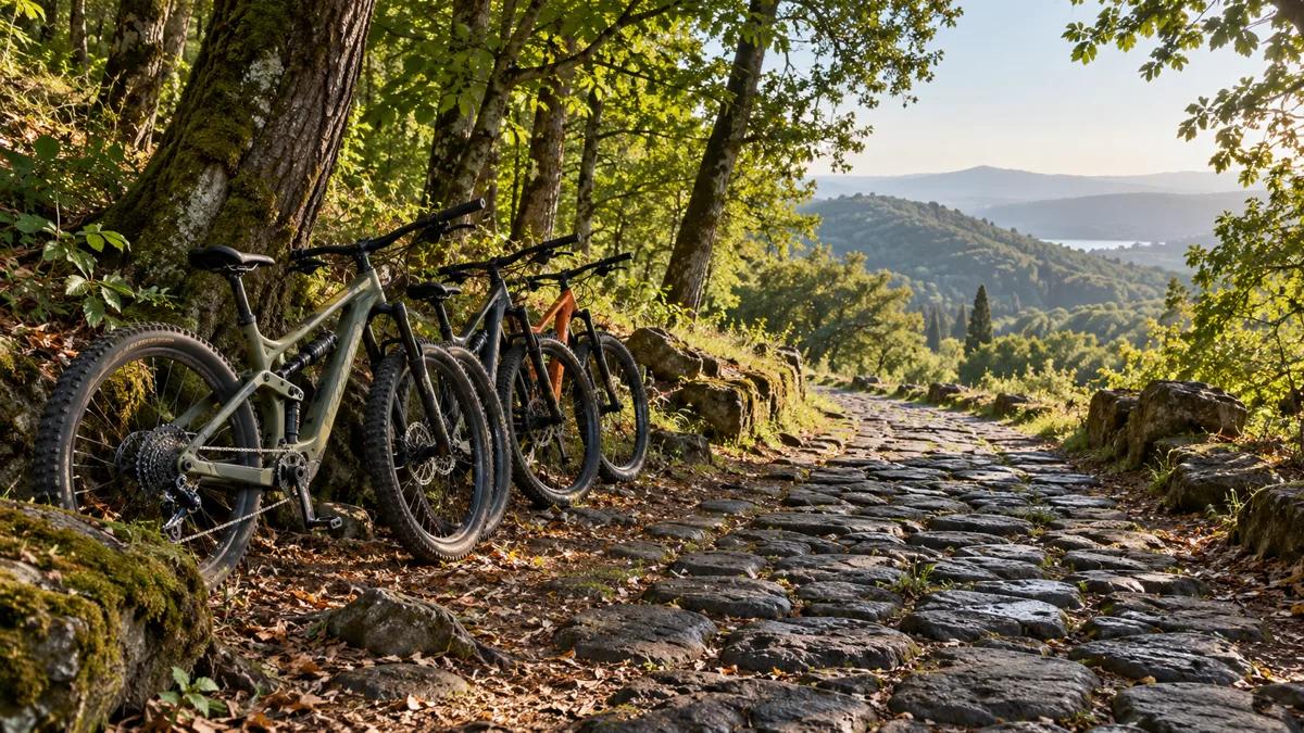 Mountain bike appoggiate a un albero accanto all'antico selciato della Via Sacra nei boschi dei Colli Albani