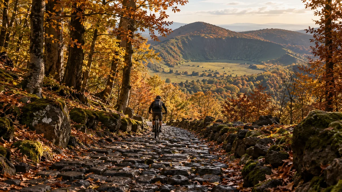 Ciclista in MTB sul basolato della Via Sacra tra i boschi autunnali di Monte Cavo, con la conca dei Campi d'Annibale sullo sfondo