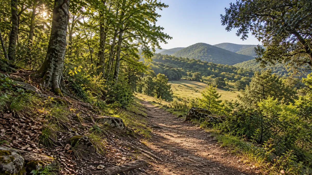 Sentiero sterrato in un bosco di lecci e faggi sul Monte Artemisio, con prato e colline verdi sullo sfondo