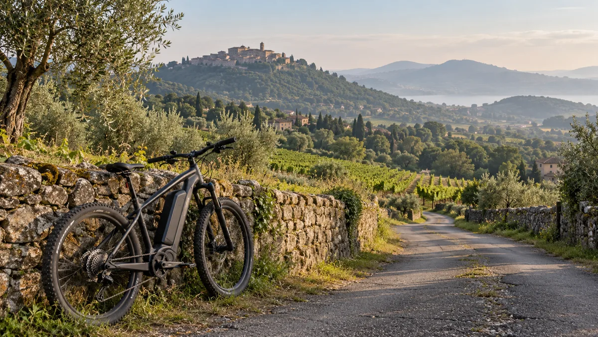 E-bike appoggiata a un muro di pietra su una strada tra vigneti e ulivi dei Castelli Romani