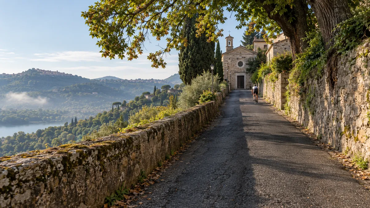 Strada in salita tra muri di pietra verso un santuario sui Castelli Romani, con un ciclista in lontananza e il lago sullo sfondo