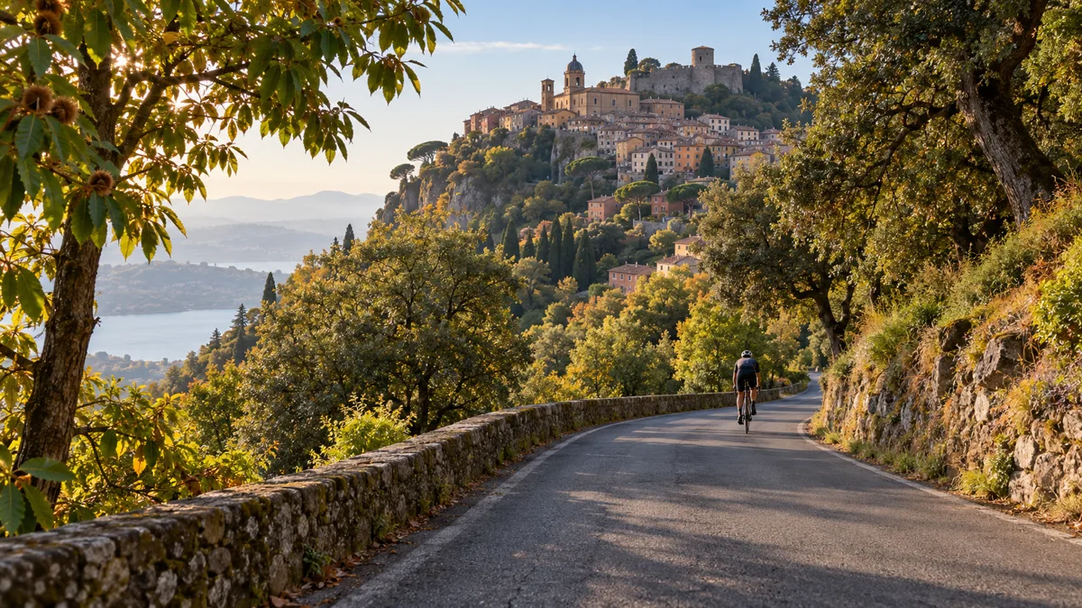 Strada in salita tra castagni verso il borgo di Rocca di Papa con un ciclista