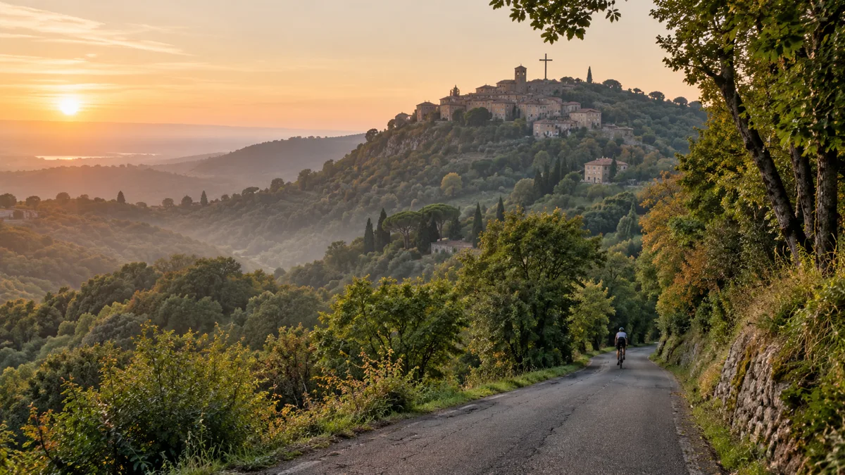 Strada in salita tra i boschi dei Castelli Romani verso il Tuscolo con un ciclista in lontananza