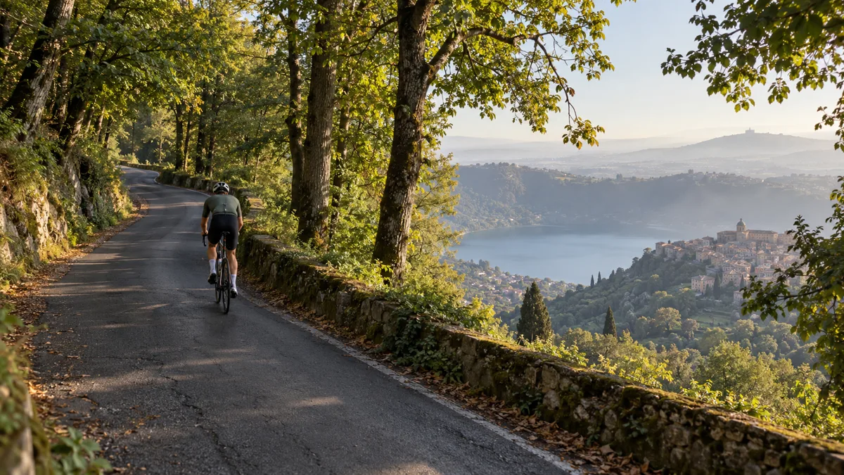 Ciclista su una strada di salita nel bosco sopra il lago di Nemi, Castelli Romani