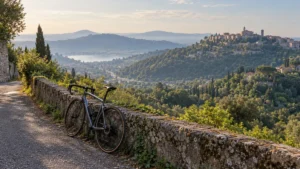 Bicicletta da corsa appoggiata a un muretto di pietra sopra le colline dei Castelli Romani, con il lago e un borgo in lontananza
