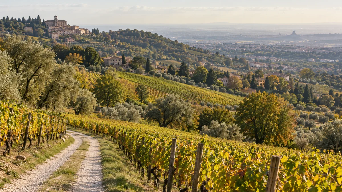 Vigneti e uliveti sulle colline di Frascati con strada bianca tra i filari e il borgo sullo sfondo