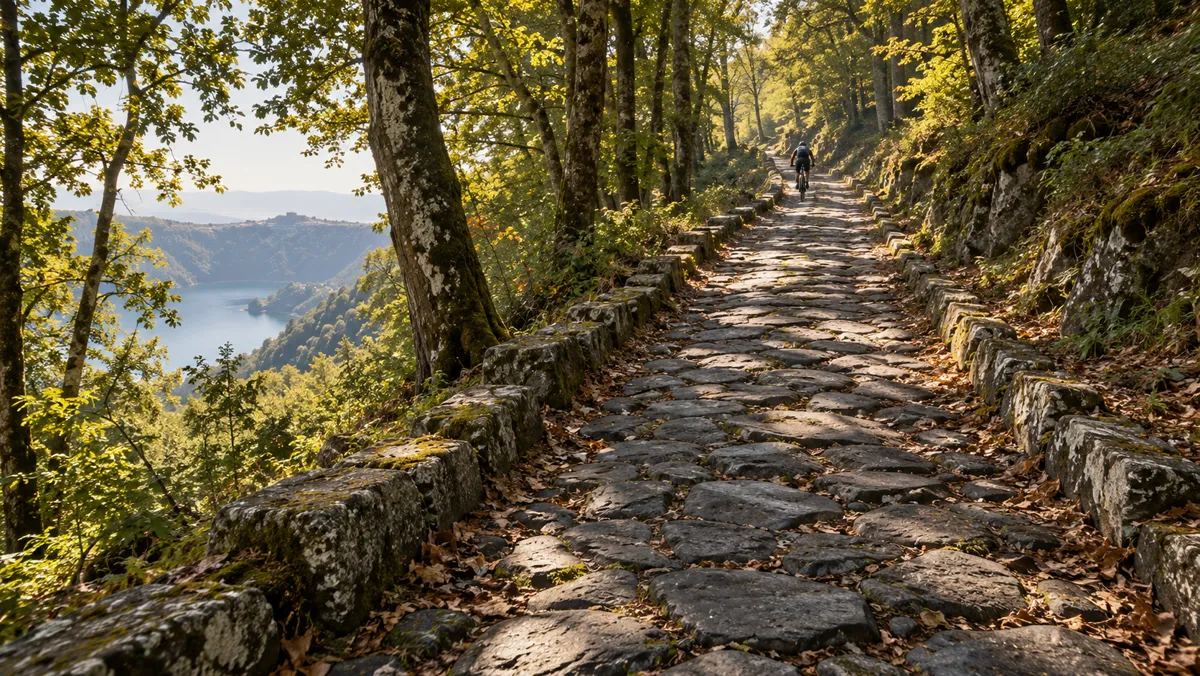 Antico basolato romano della Via Sacra che sale nel bosco di faggi e castagni verso Monte Cavo, con un ciclista in mountain bike e il lago sullo sfondo